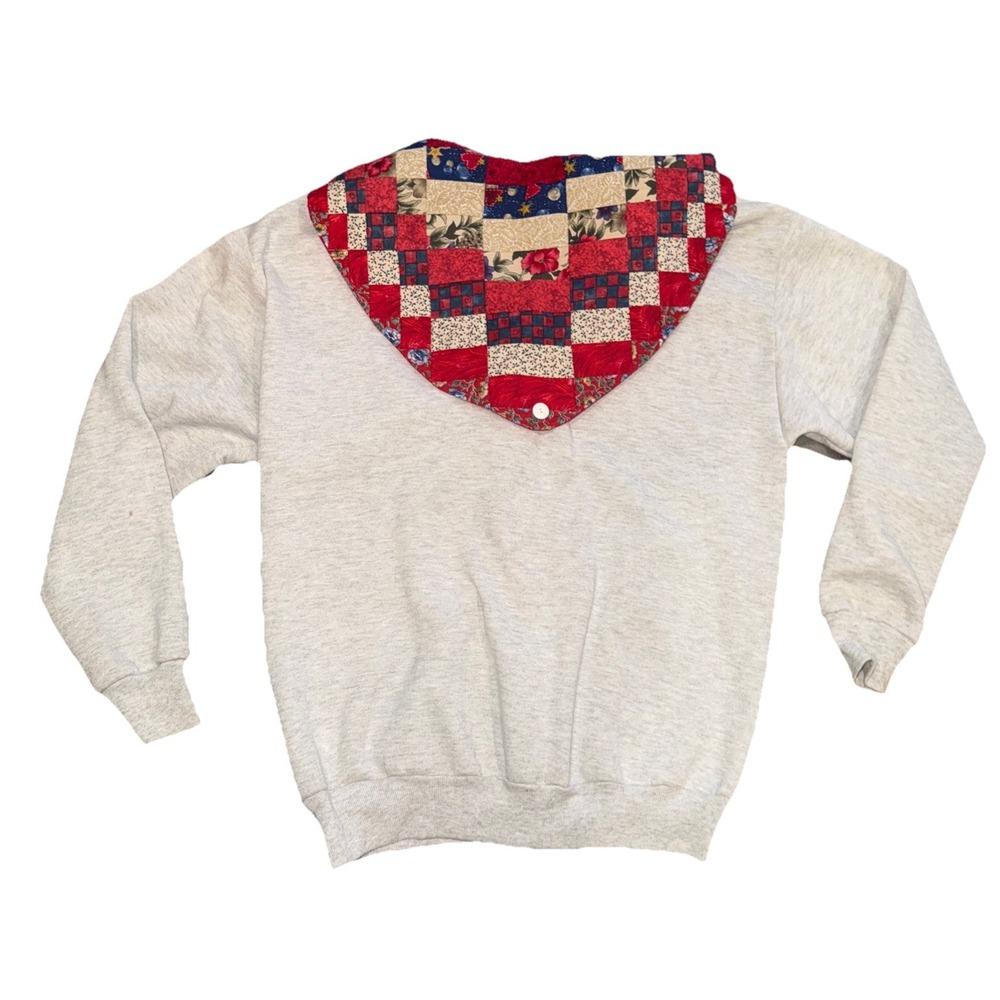 Vintage Jerzees Cardigan Sweatshirt Gray W Quilt Scarf Cape Cottage Grandma USA